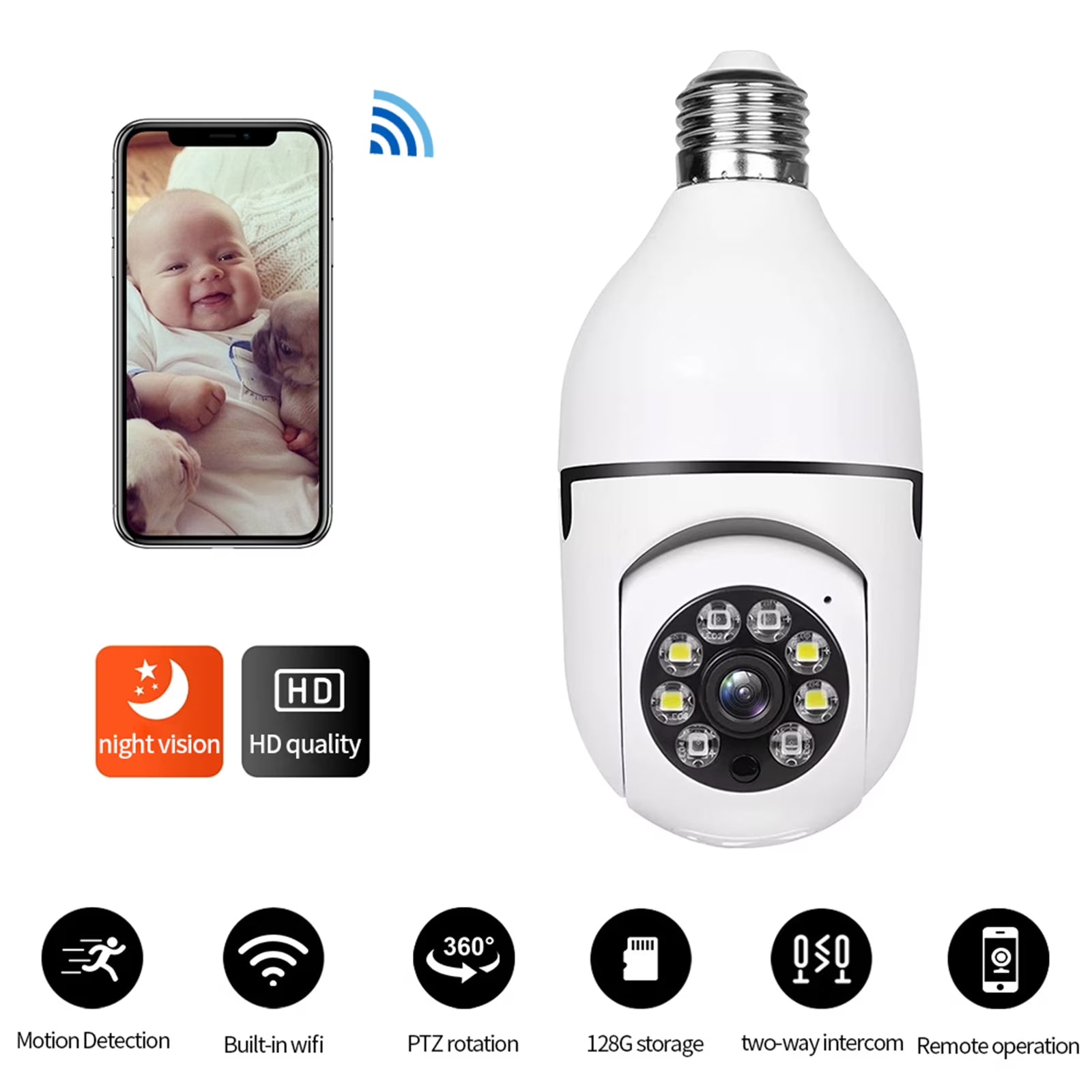 360° 1080P Light Bulb Camera - WiFi IR Night Vision Smart Home Security