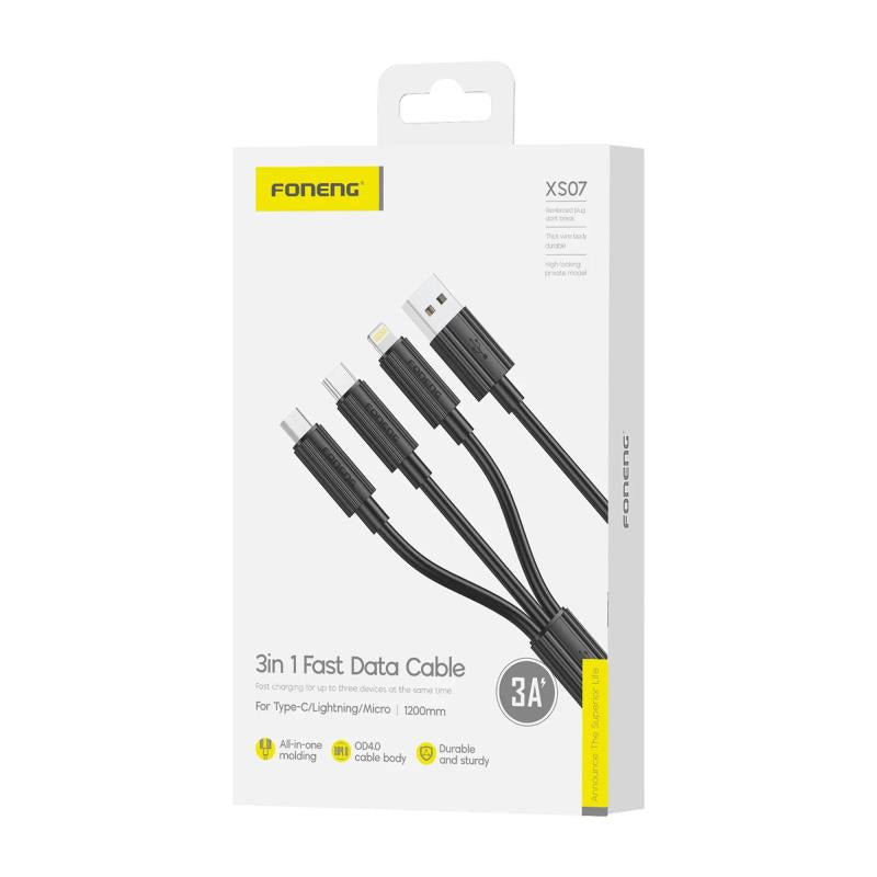 Foneng XS07 3-in-1 Fast Charging Cable 3A | USB to Type-C / Lightning / Micro USB 1.2M