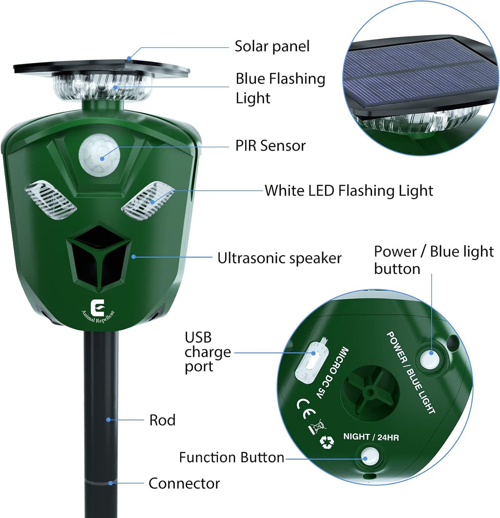 Redeo Ultrasonic Animal Repeller Solar Cat Repellent Outdoor Deer Repellent Devices with 360 Degree Motion Activated Flashing Lights Dog Repellent for Yard, Repel Squirrel Raccoon Skunk Fox & More