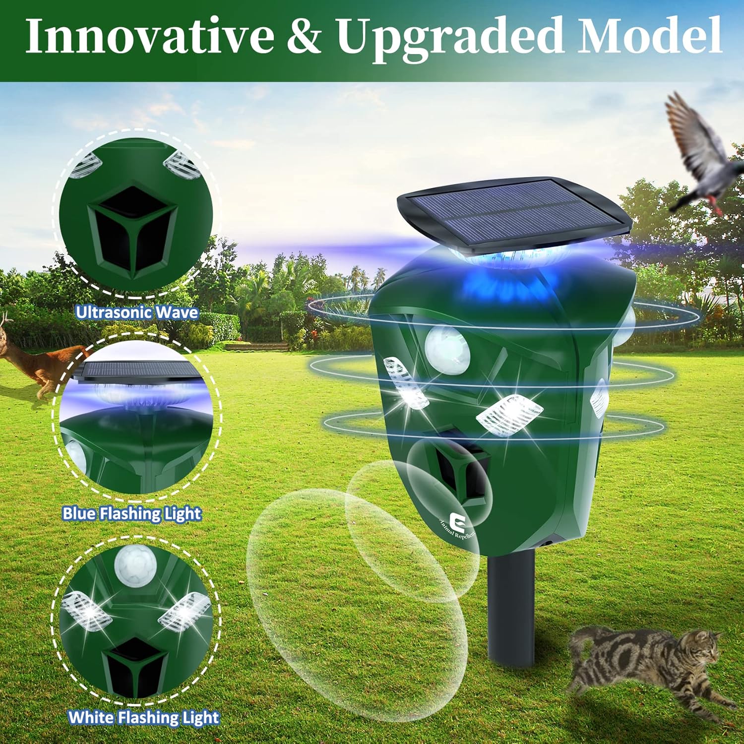Redeo Ultrasonic Animal Repeller Solar Cat Repellent Outdoor Deer Repellent Devices with 360 Degree Motion Activated Flashing Lights Dog Repellent for Yard, Repel Squirrel Raccoon Skunk Fox & More