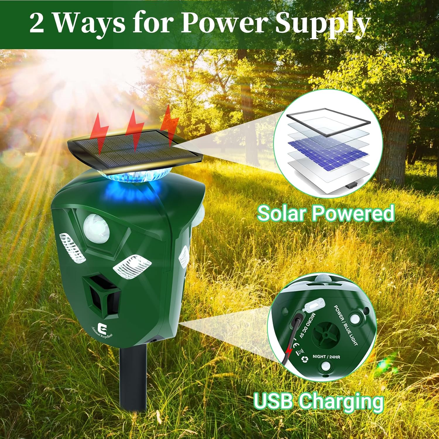 Redeo Ultrasonic Animal Repeller Solar Cat Repellent Outdoor Deer Repellent Devices with 360 Degree Motion Activated Flashing Lights Dog Repellent for Yard, Repel Squirrel Raccoon Skunk Fox & More