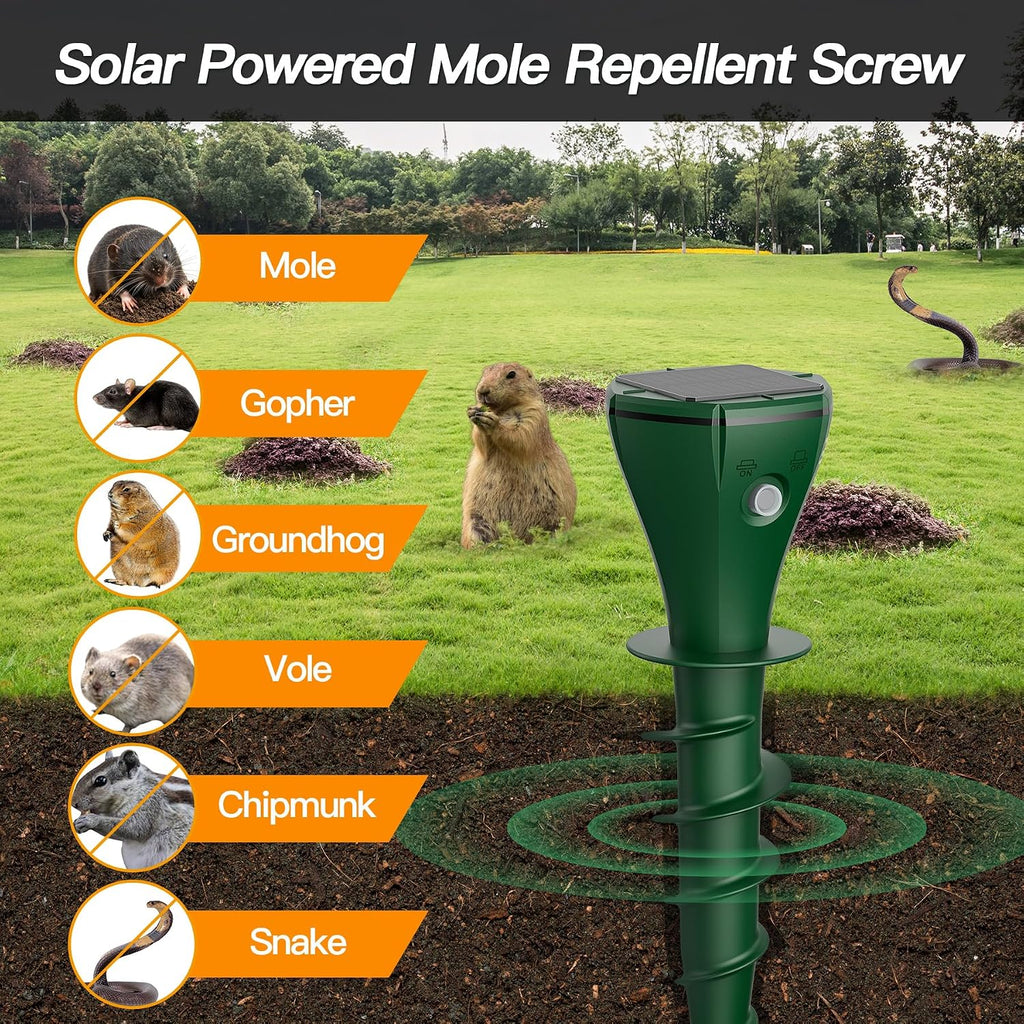 8 Pack Mole Repellent Solar Powered, Outdoor Gopher Deterrent Screw Stake for Lawns with Electic Vibration