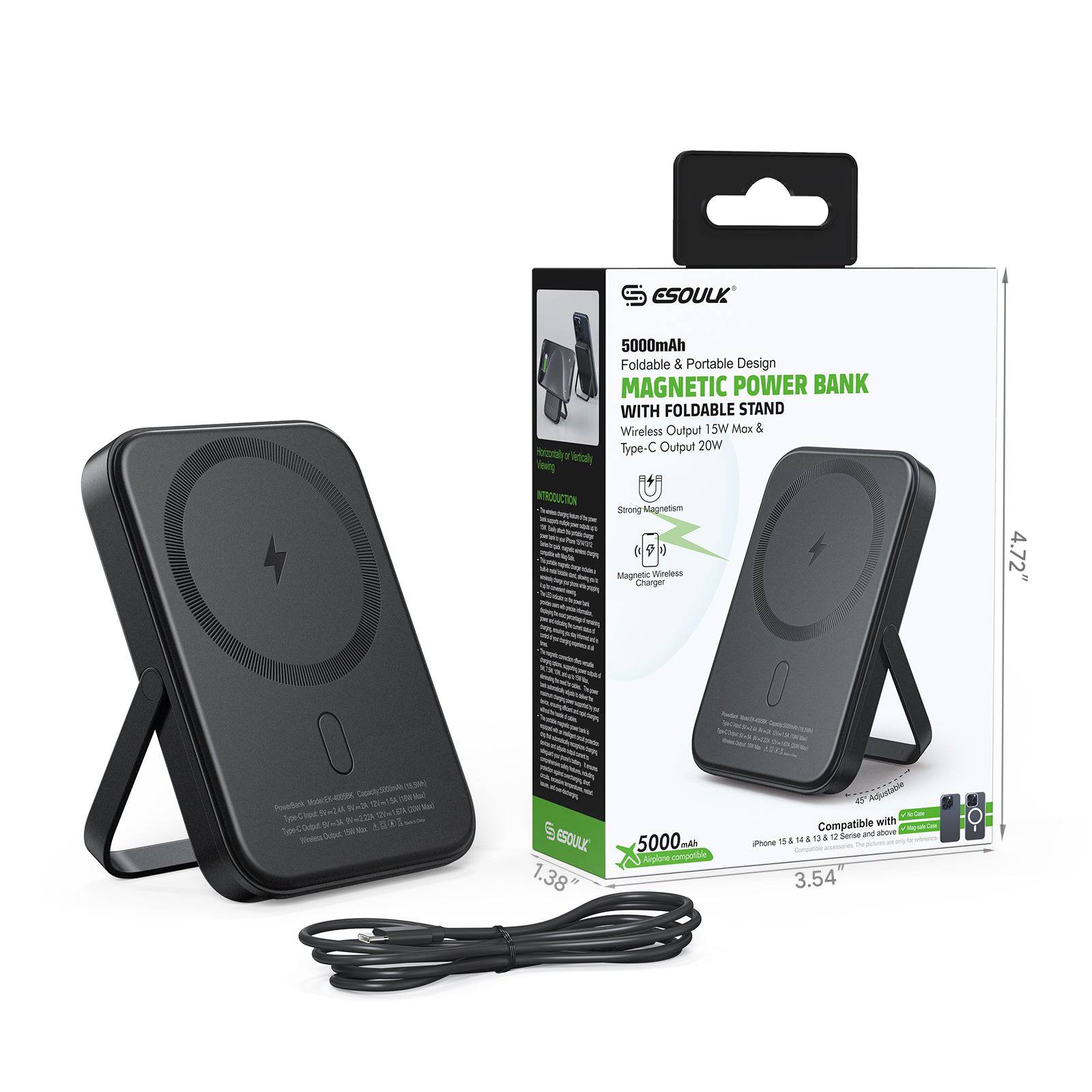 Esoulk 5000mAh Magnetic MagSafe Power Bank with Foldable Stand & 15W Wireless Charging