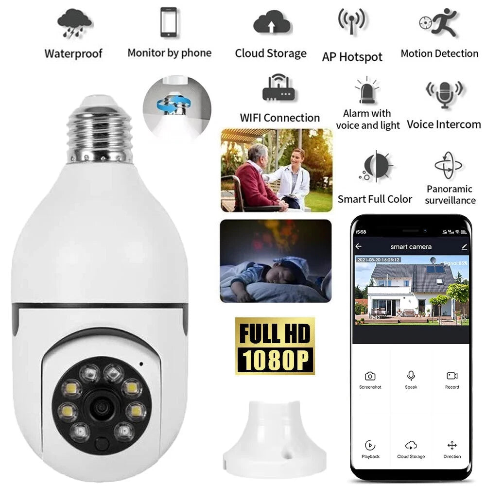 360° 1080P Light Bulb Camera - WiFi IR Night Vision Smart Home Security