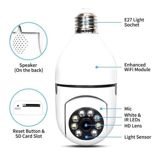 360° 1080P Light Bulb Camera - WiFi IR Night Vision Smart Home Security
