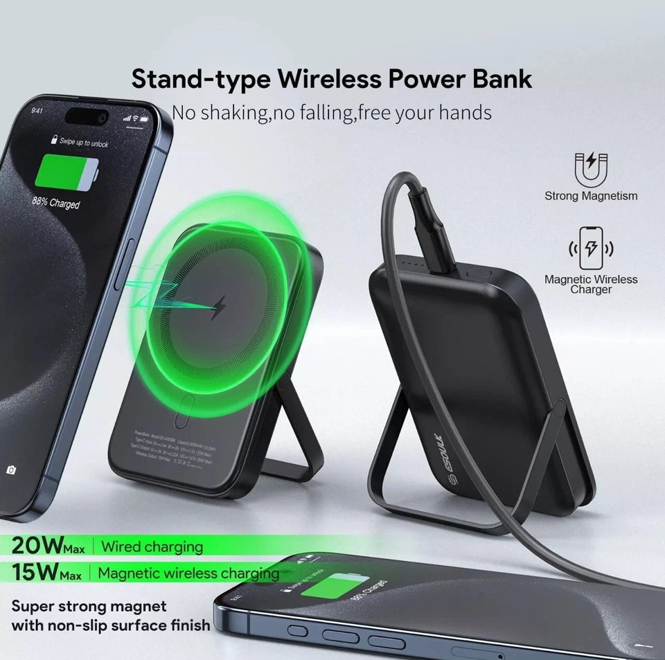 Esoulk 5000mAh Magnetic MagSafe Power Bank with Foldable Stand & 15W Wireless Charging